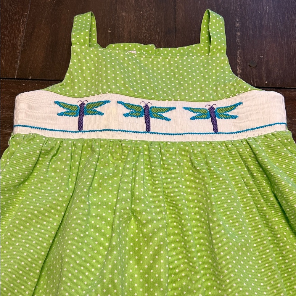 Silly Goose Smocked Dragonflies Green/White Polka Dot Cotton Sundress